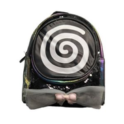  backpack with a large black and white spiral design on the front