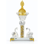 Generic Luxury Crystal Decor with Gold Motifs, Islamic Design Embossed Dome and Swans, 15x12cm, Glass Base Legs